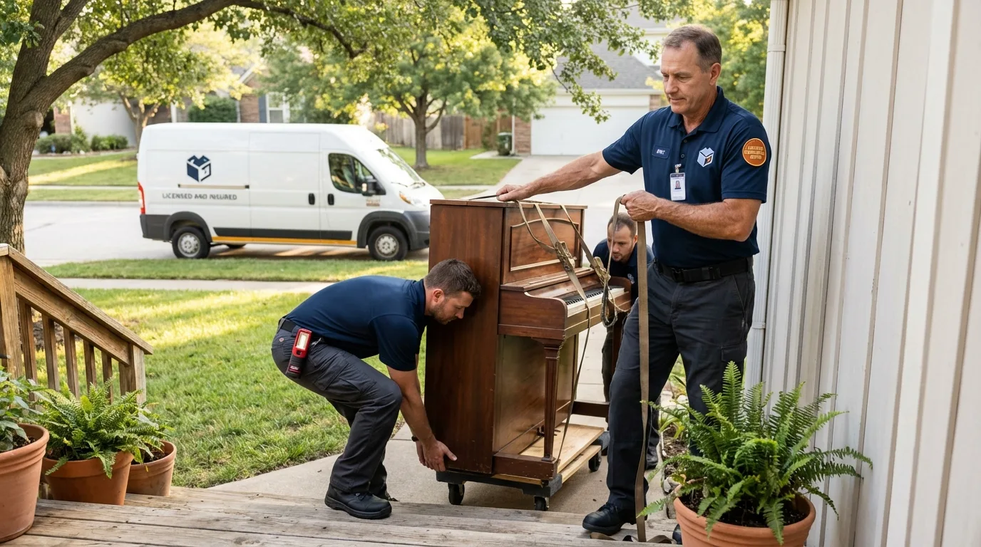 Licensed piano movers securing grand piano in Louisville, OH