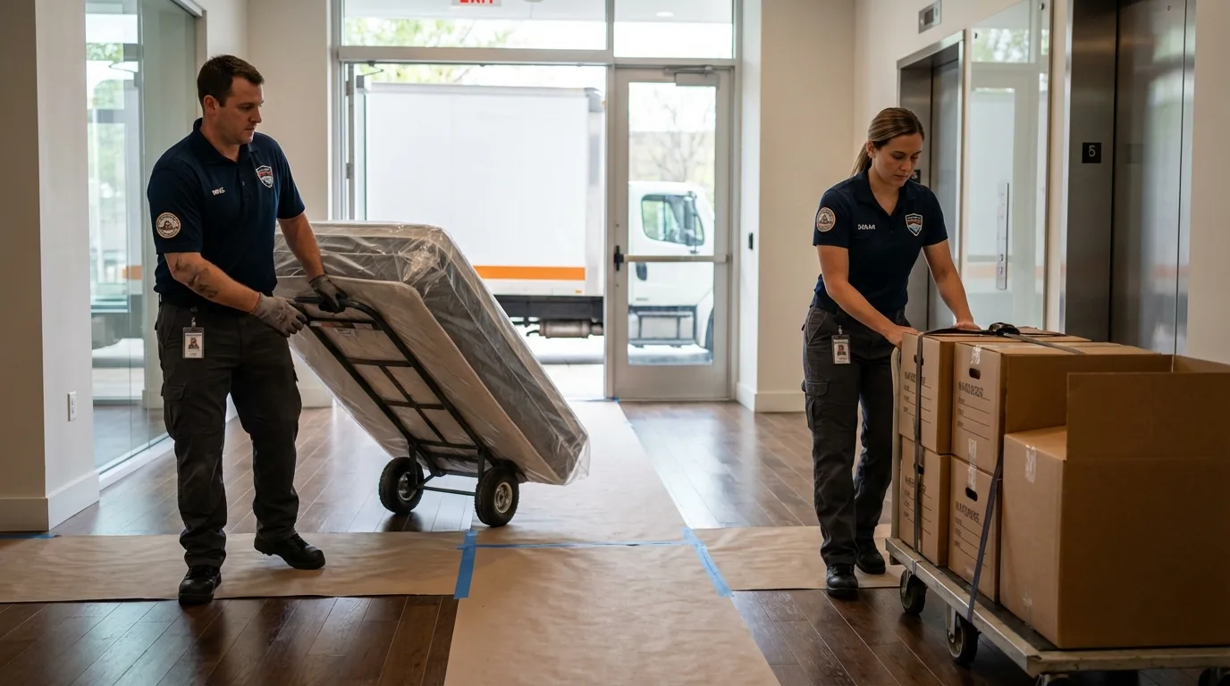 Professional apartment movers loading elevator in Louisville, OH
